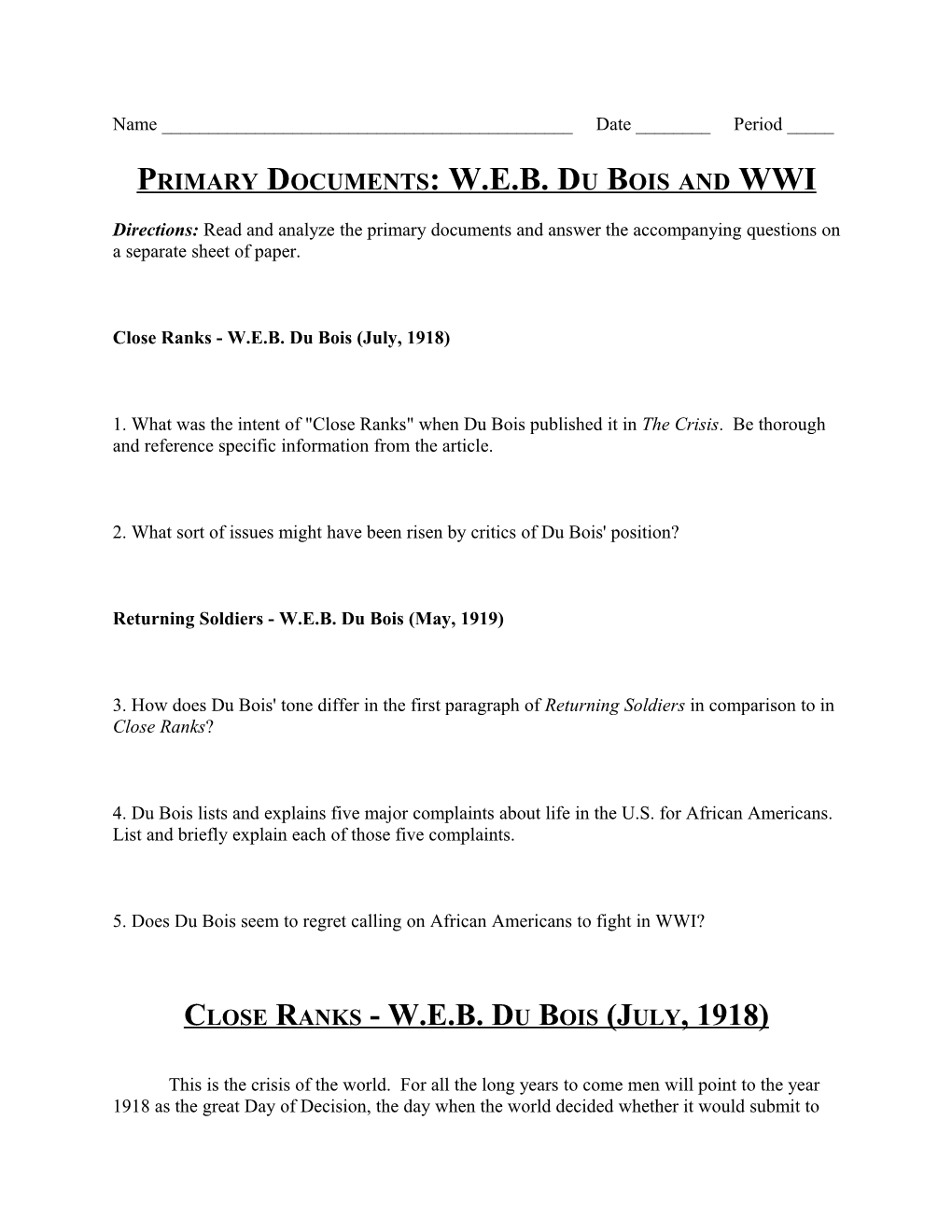 Primary Documents: W.E.B. Du Bois and WWI