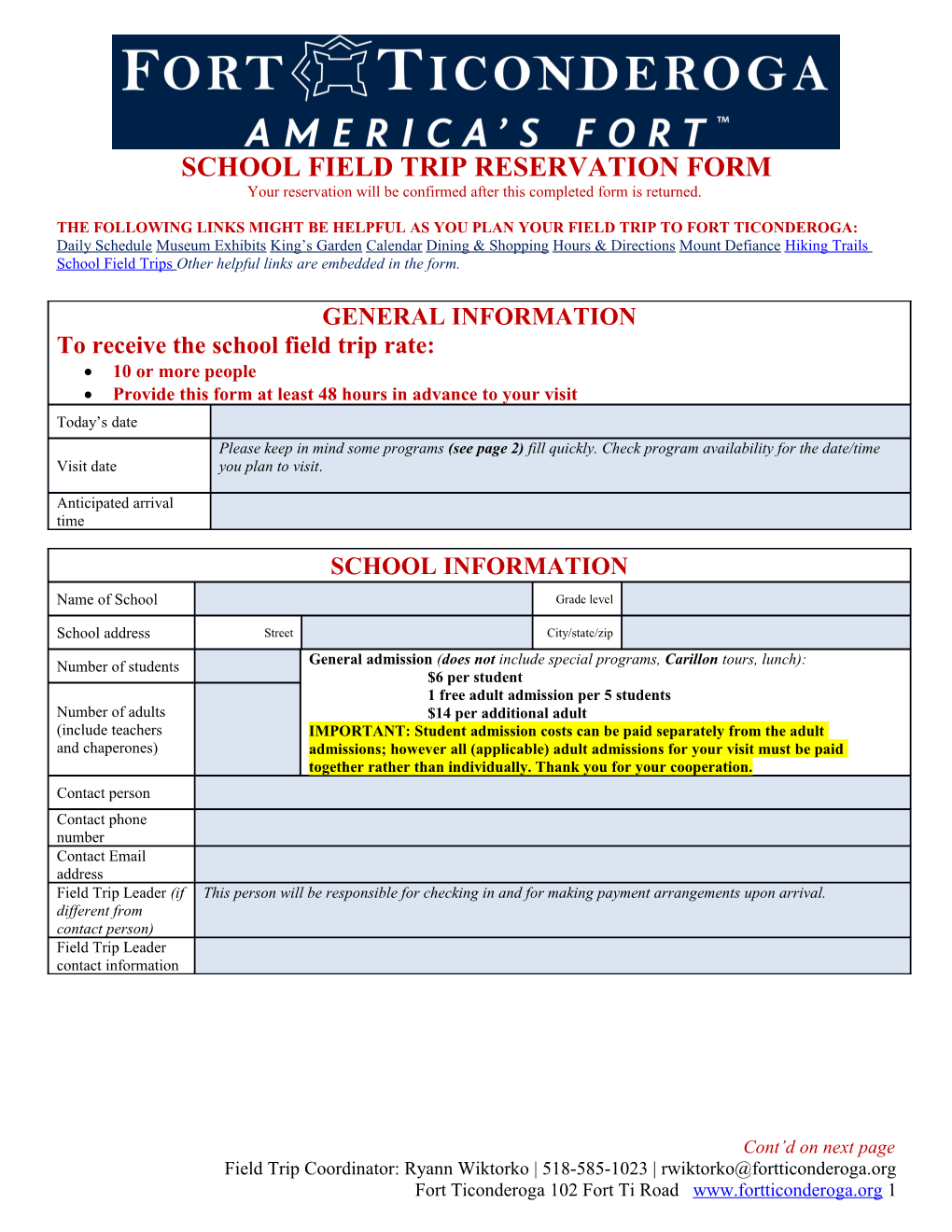 School Field Trip Reservation Form