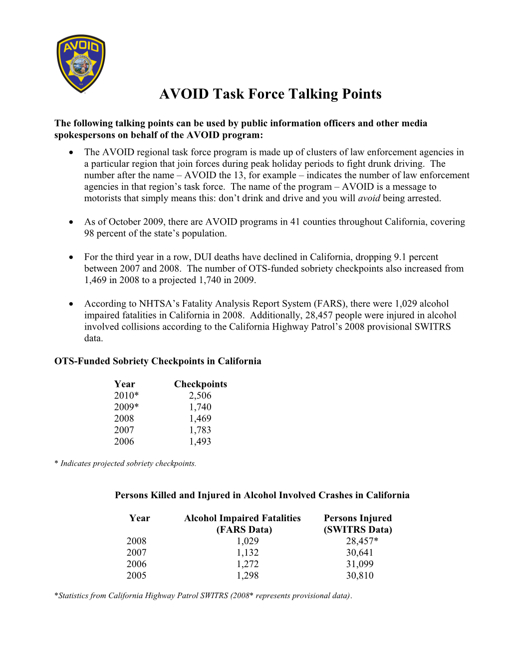 AVOID Task Force Talking Points