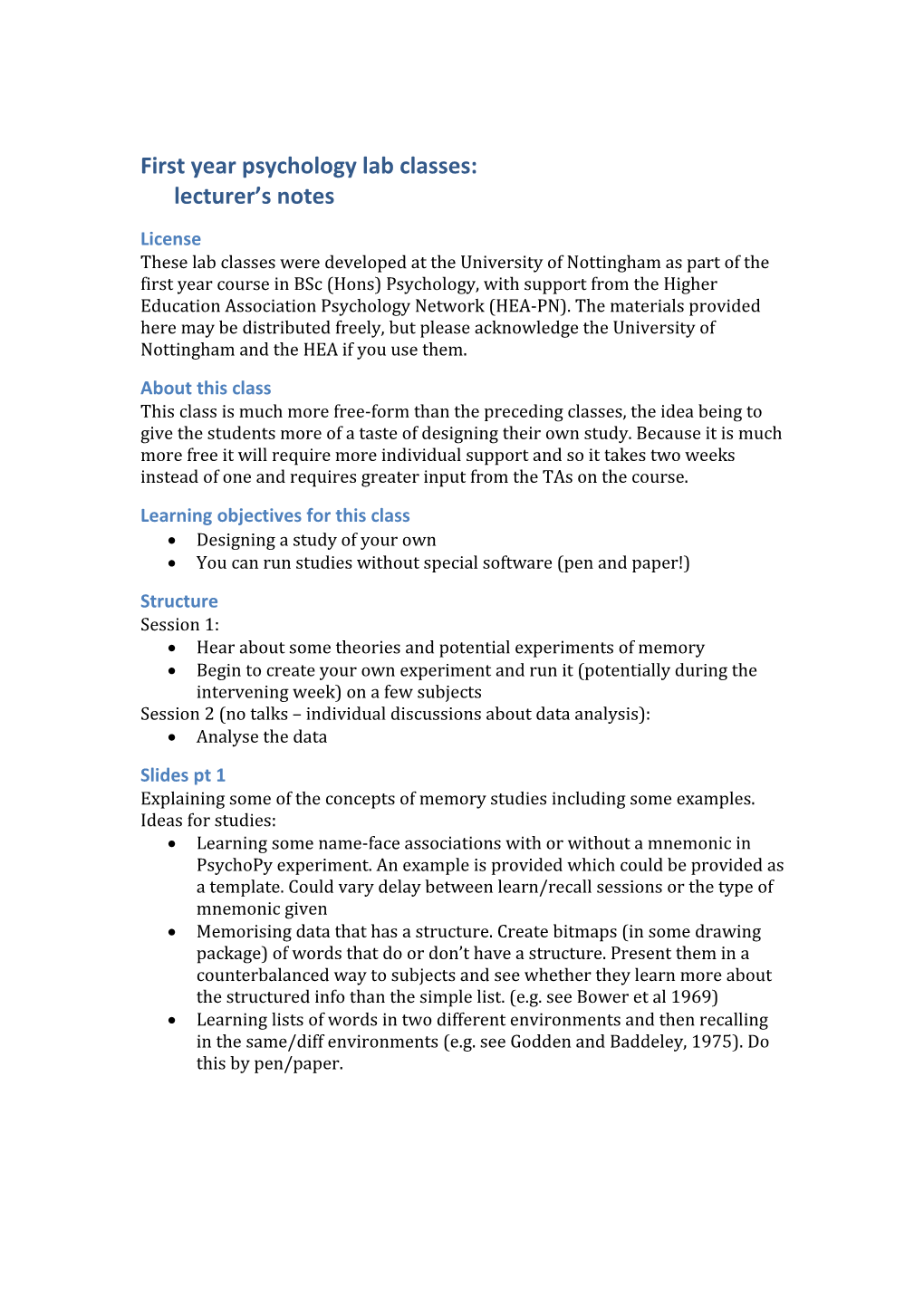 First Year Psychology Lab Classes:Lecturer S Notes