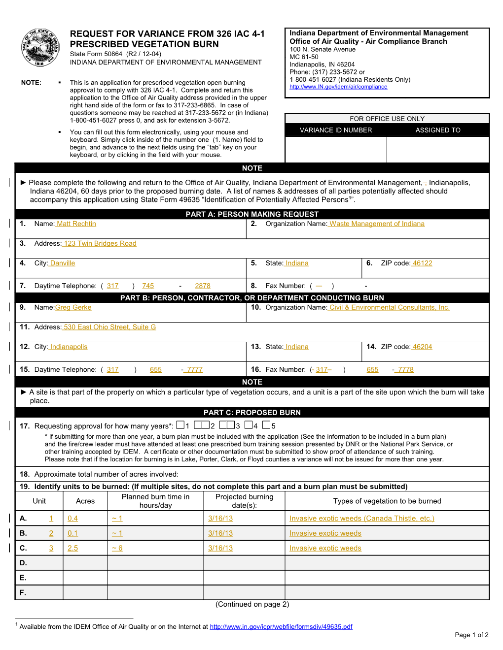 Request for Variance from 326 IAC 4-1 - Prescribed Vegetation Burn