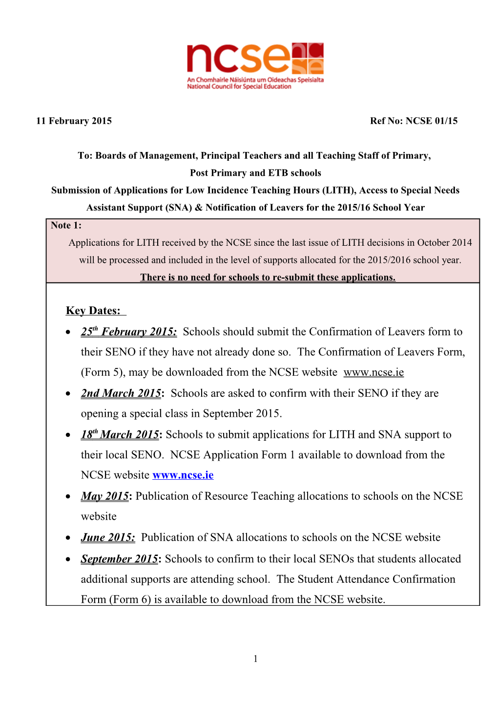 To: Boards of Management, Principal Teachers and All Teaching Staff of Primary