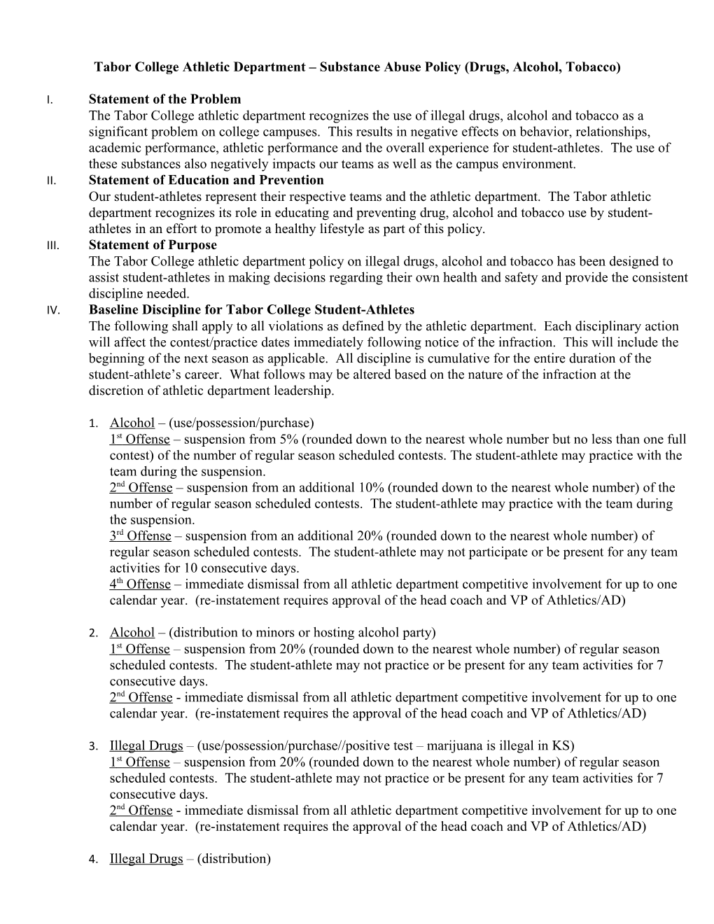 Tabor College Athletic Department Substance Abuse Policy (Drugs, Alcohol, Tobacco)