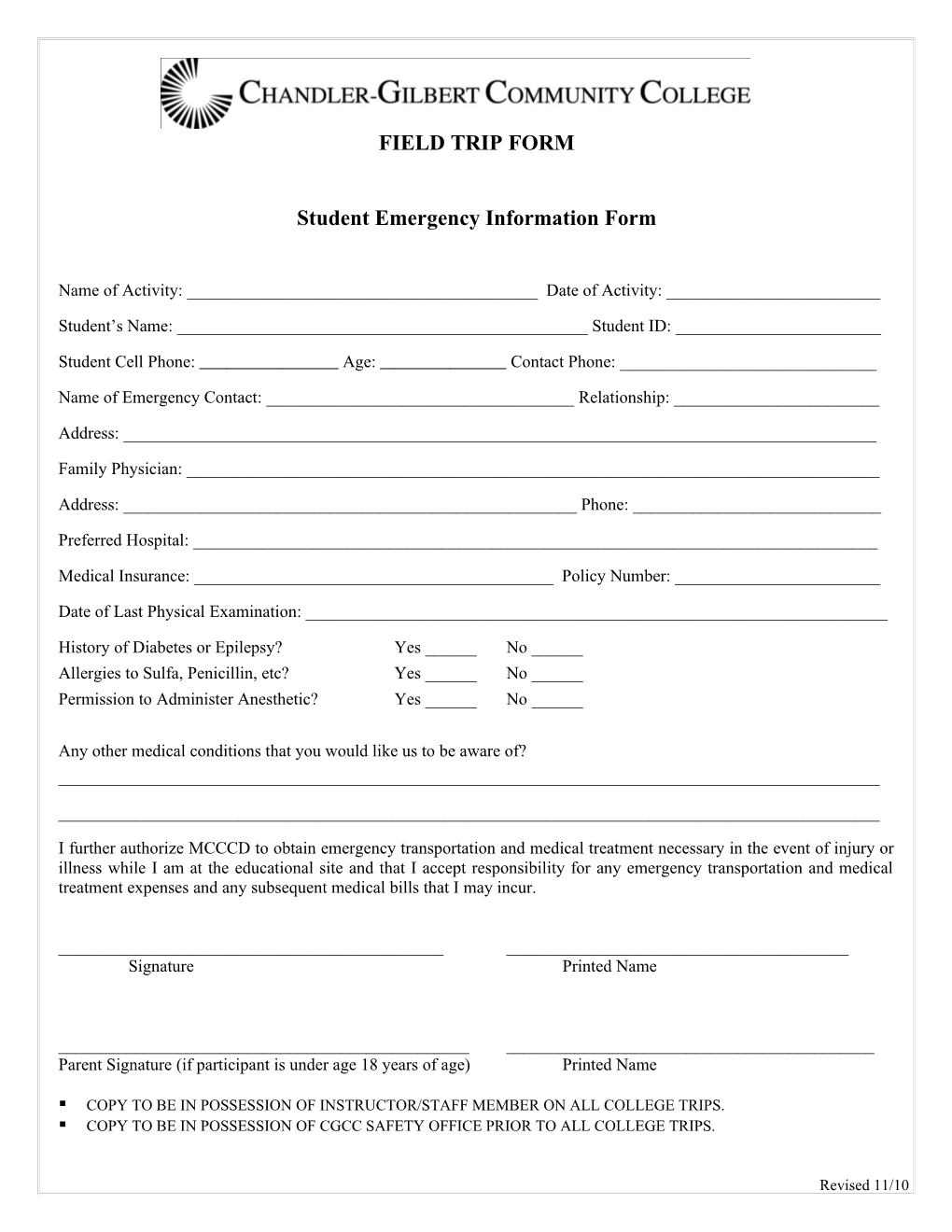 Student Emergency Information Form