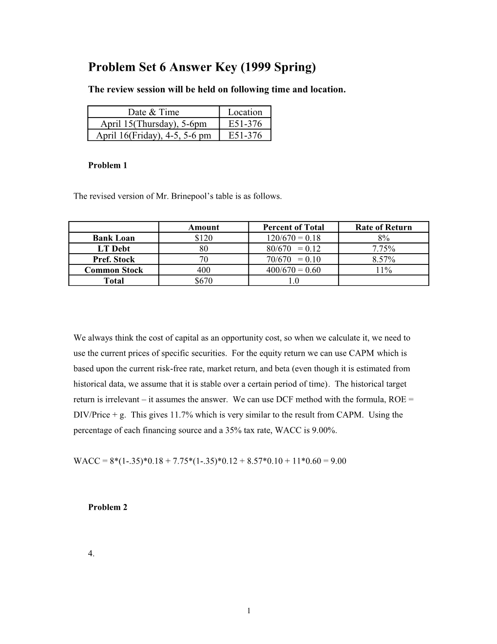 Problem Set 6 Answer Key (1999 Spring)