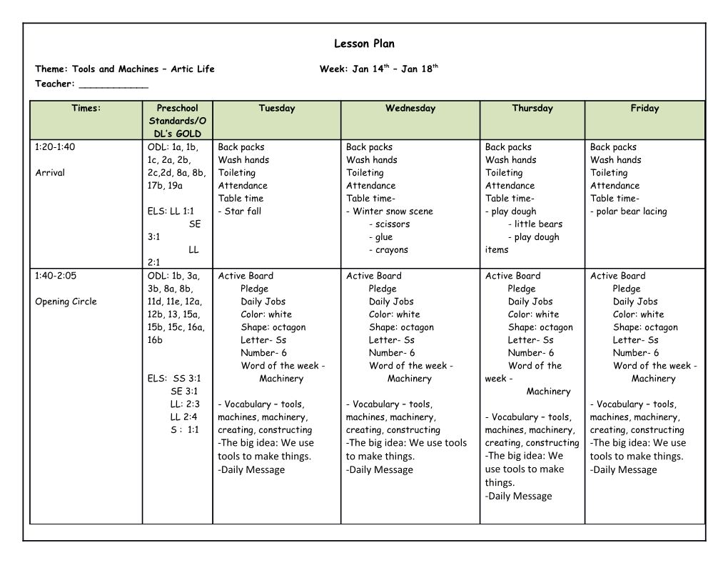 Theme: Tools and Machines Artic Life Week: Jan 14Th Jan 18Th Teacher: ______