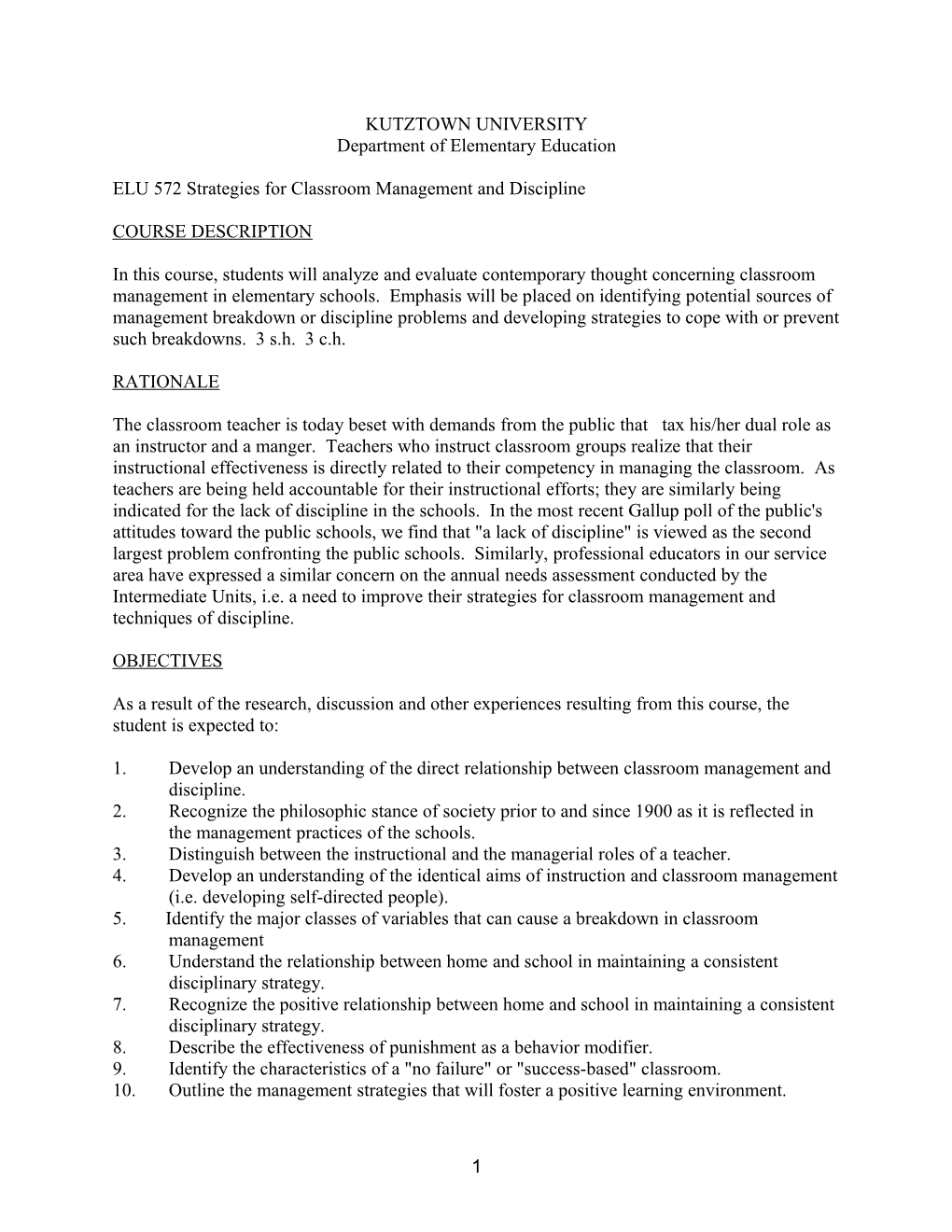 ELU 572 Strategies for Classroom Management and Discipline