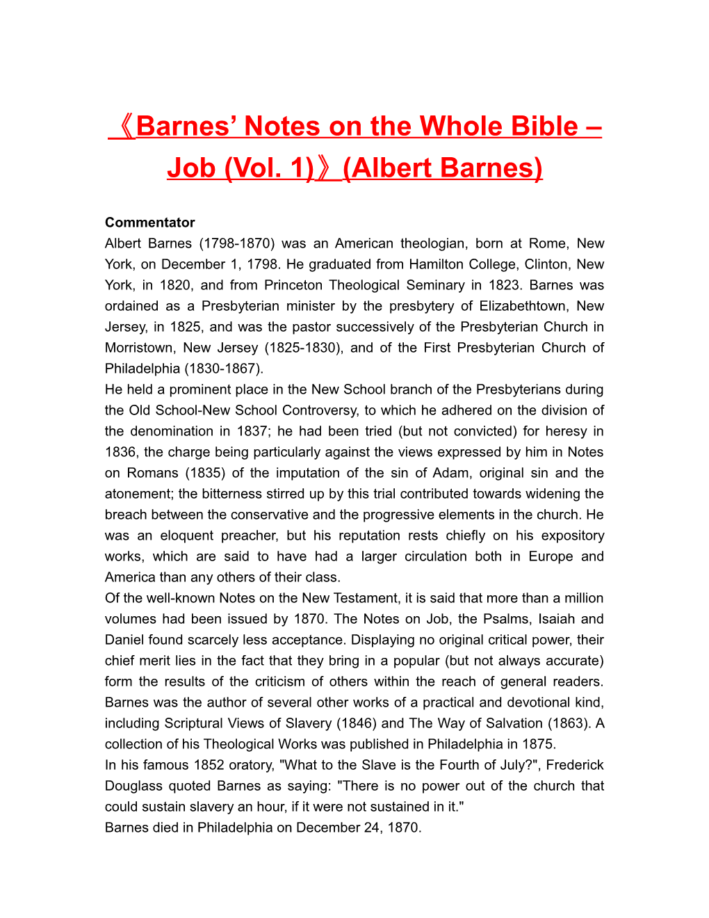 Barnes Notes on the Whole Bible Job (Vol. 1) (Albert Barnes)