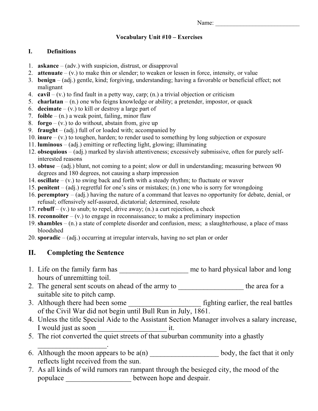 Vocabulary Unit #10 Exercises
