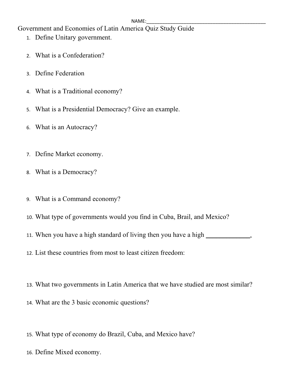 Government and Economies of Latin America Quiz Study Guide