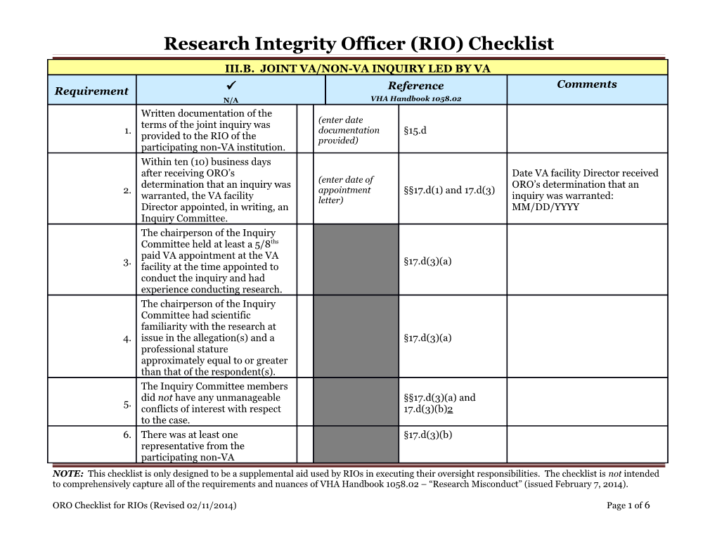 Research Integrity Officer (RIO) Checklist