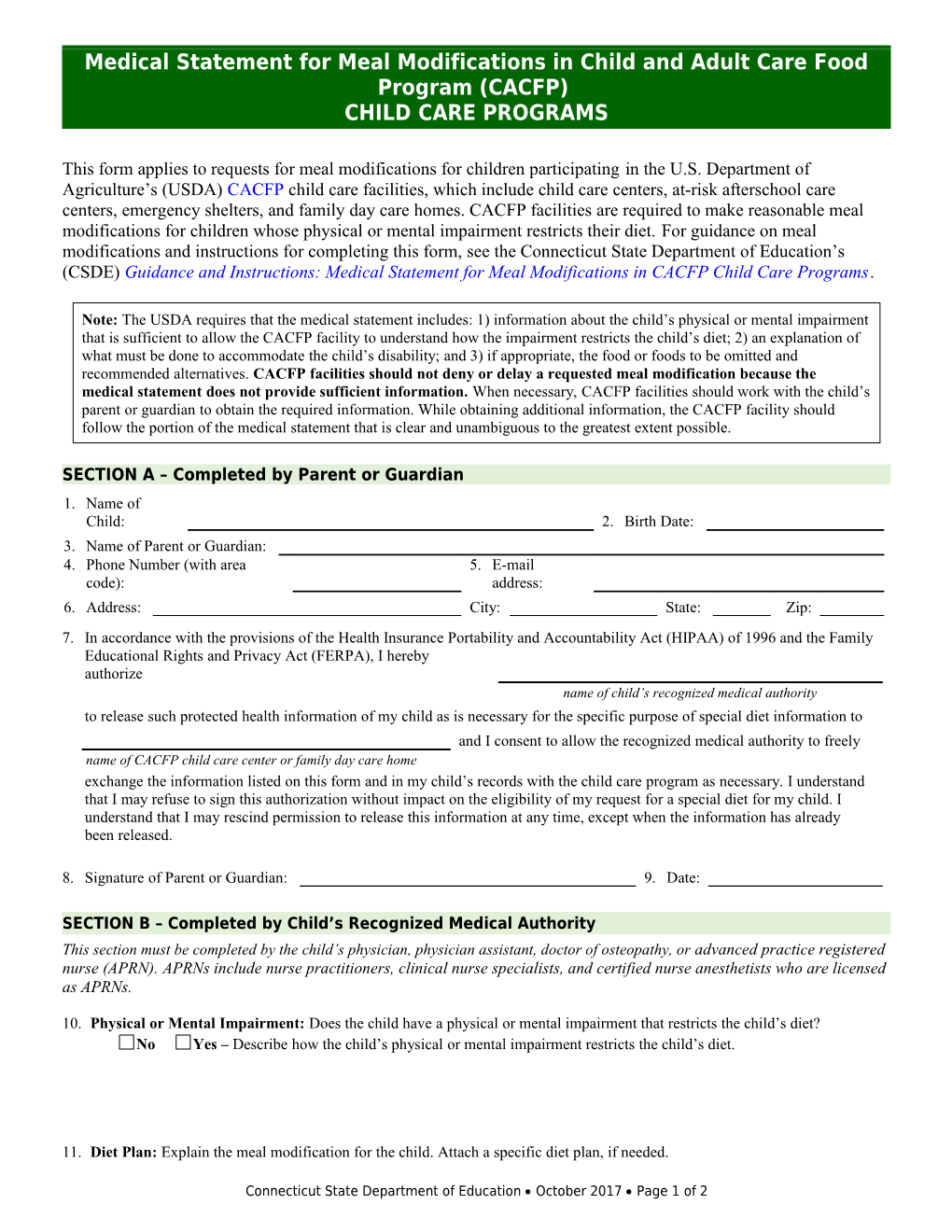 Medical Statement for Children with Disabilities