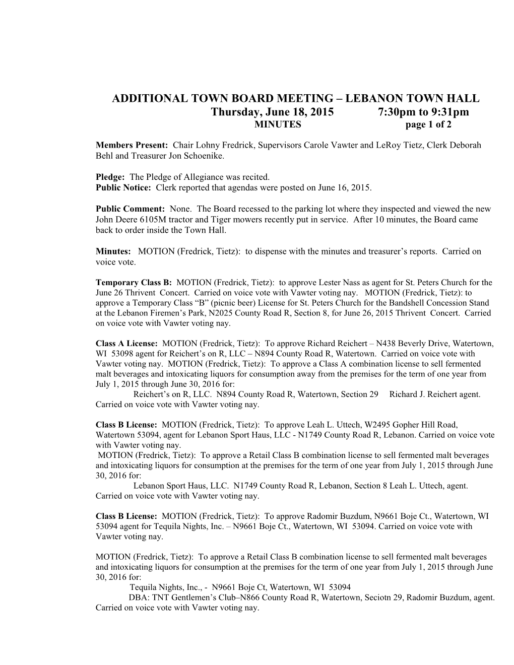 Additional Town Board Meeting Lebanon Town Hall