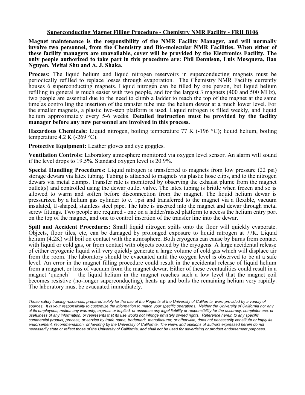 Superconducting Magnet Filling Procedure - Chemistry NMR Facility - FRH B106