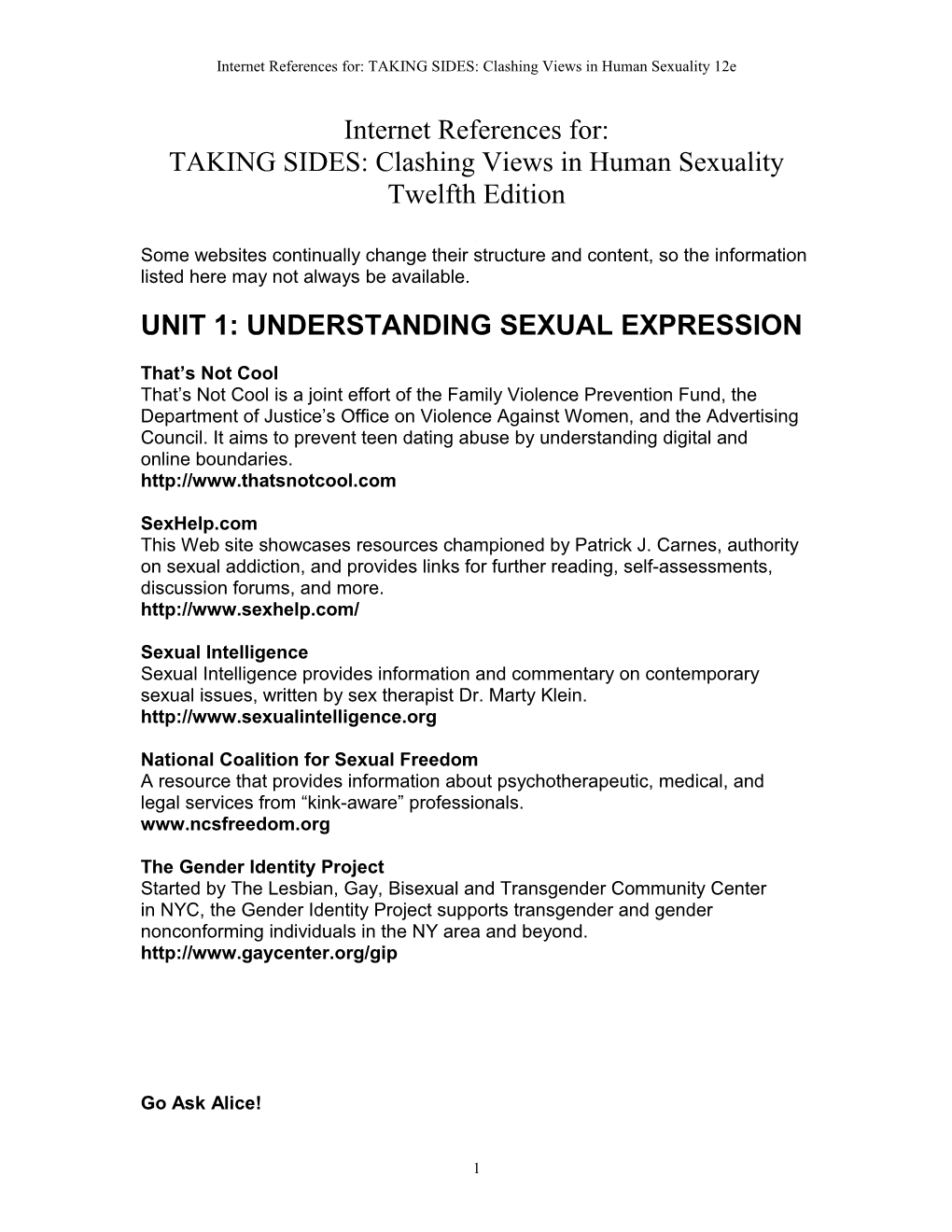 Internet References For: TAKING SIDES: Clashing Views in Human Sexuality 12E