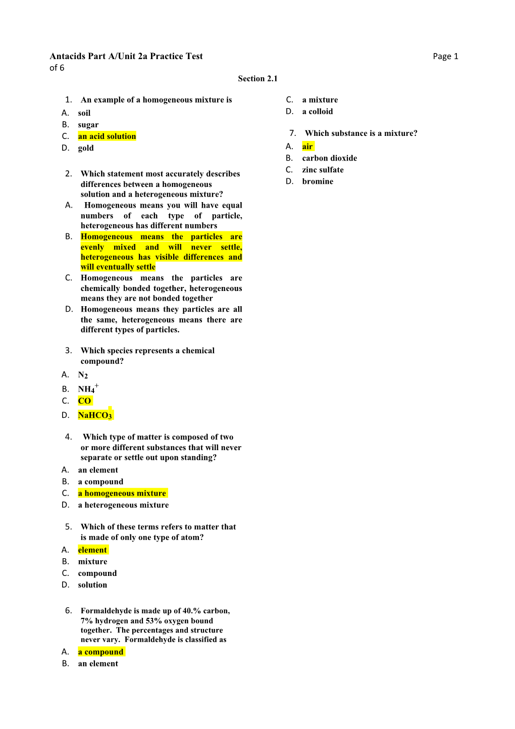 Antacids Part A/Unit 2A Practice Test Page 3 of 4