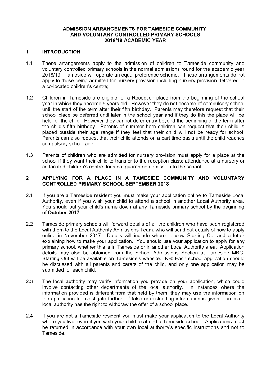 Admission Arrangements for Tameside Community and Voluntary Controlled Primary Schools