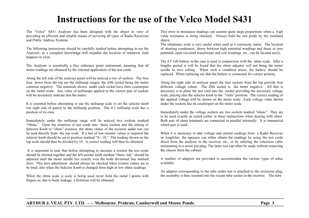 Instructions for the Use of the Velco Model S431