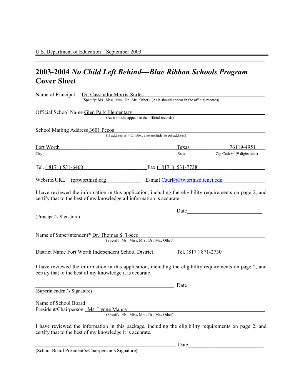 Glen Park Elementary School 2004 No Child Left Behind-Blue Ribbon School Application (Msword)