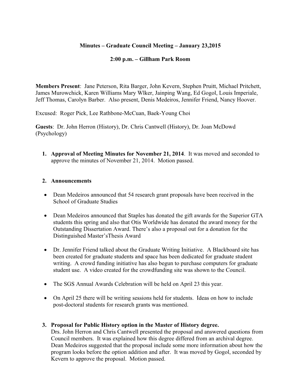 Minutes Graduate Council Meeting January 23,2015