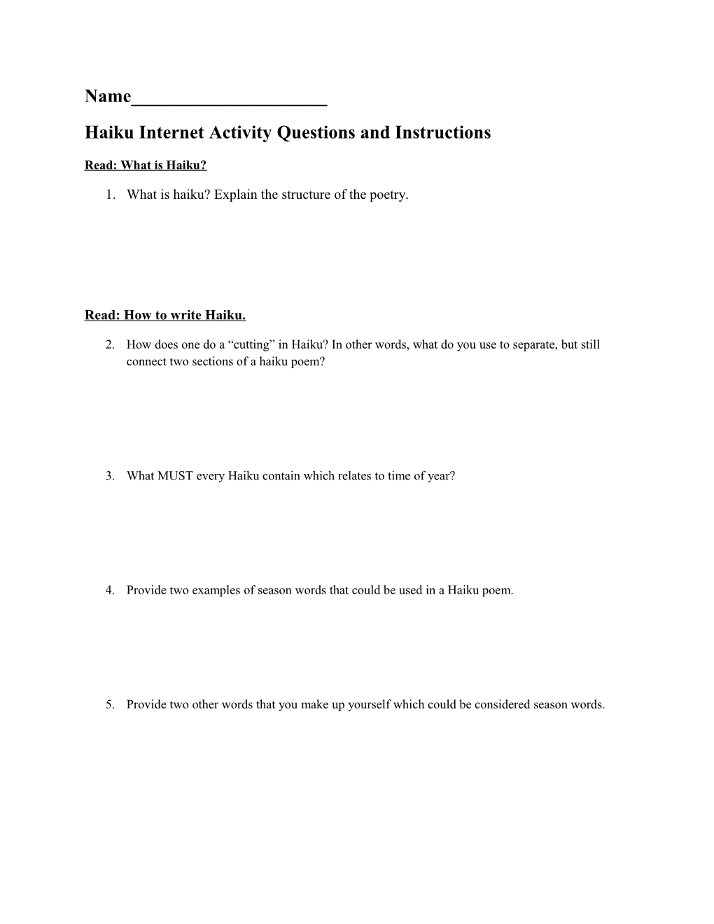 Haiku Internet Activity Questions and Instructions