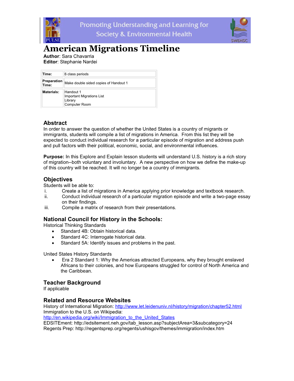 American Migrations Timeline