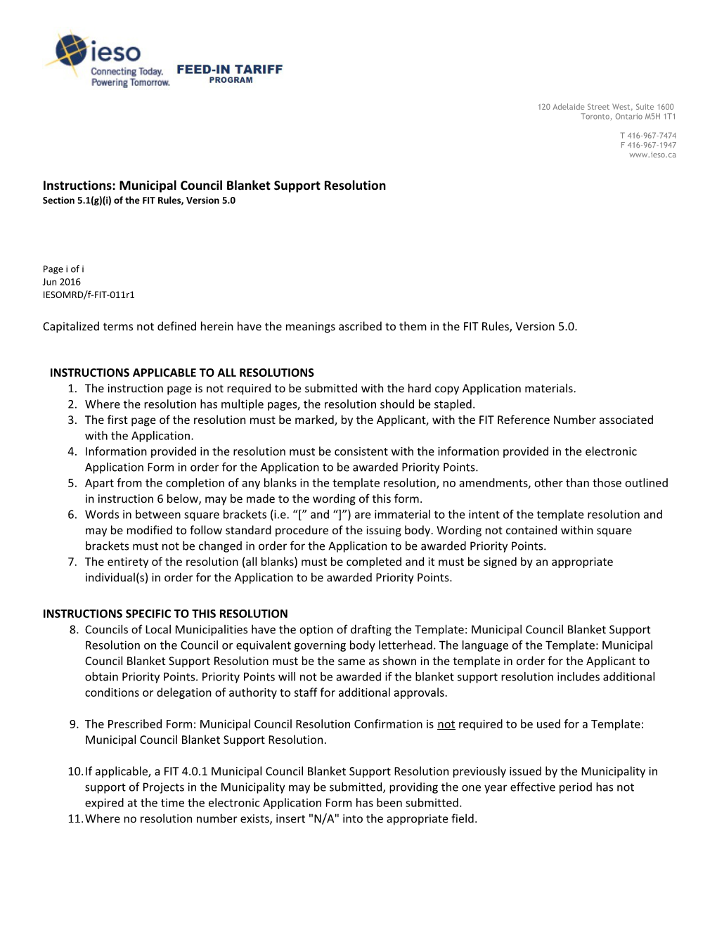 Prescribed Template - Municipal Council Support Resolution