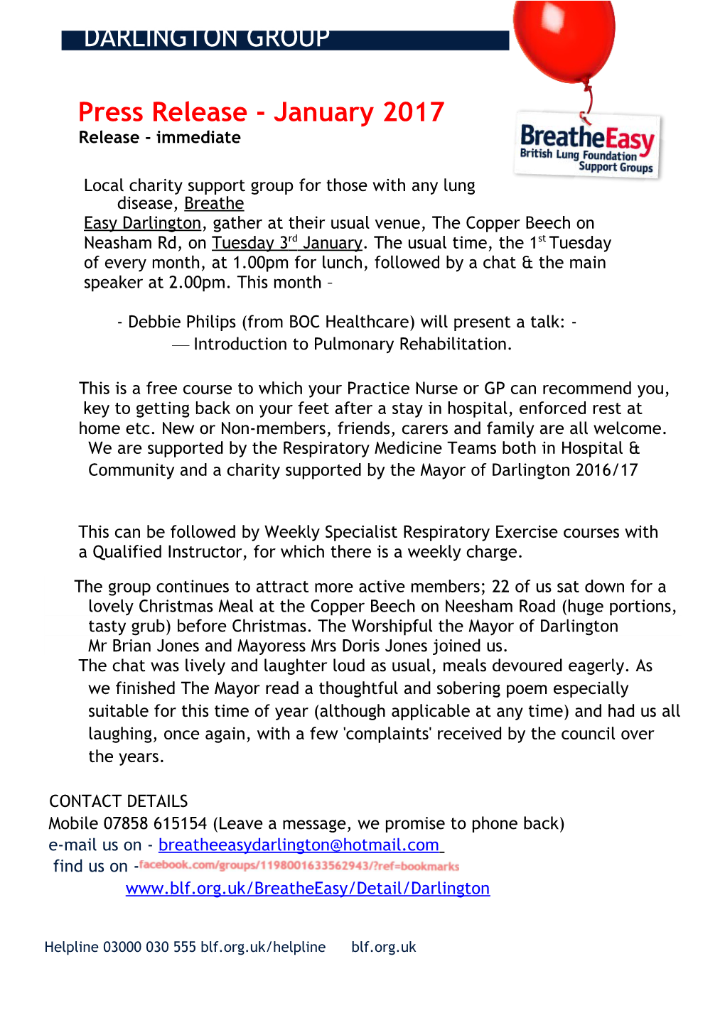 Local Charity Support Group for Those with Any Lung Disease, Breathe