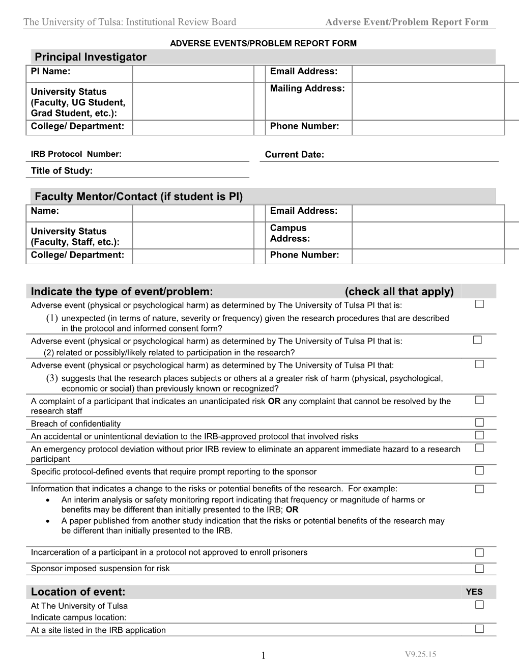 The University of Tulsa: Institutional Review Board Adverse Event/Problem Report Form