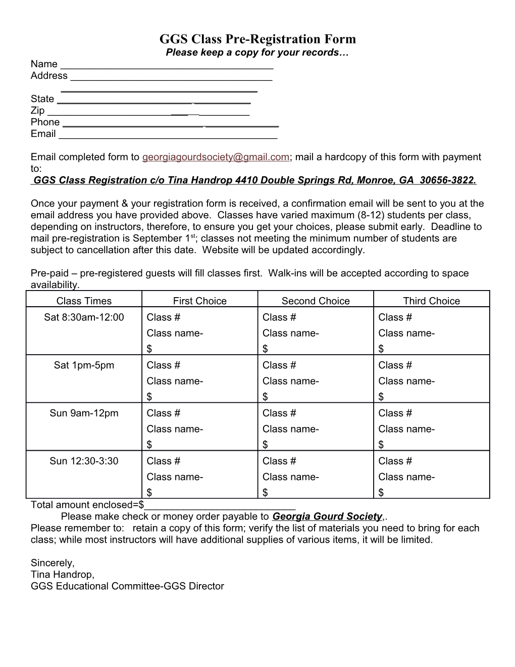 GGS Class Pre-Registration Form