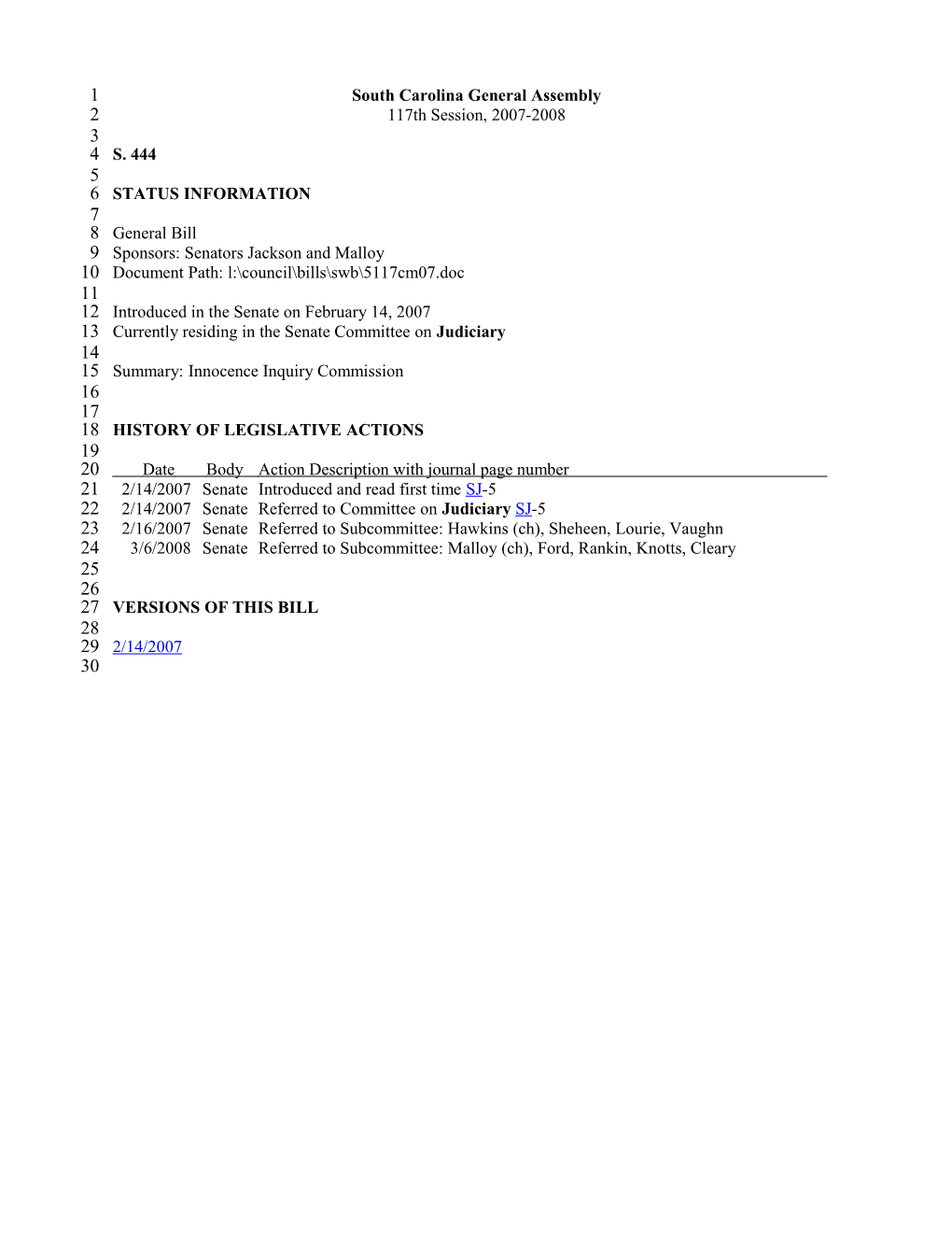 2007-2008 Bill 444: Innocence Inquiry Commission - South Carolina Legislature Online