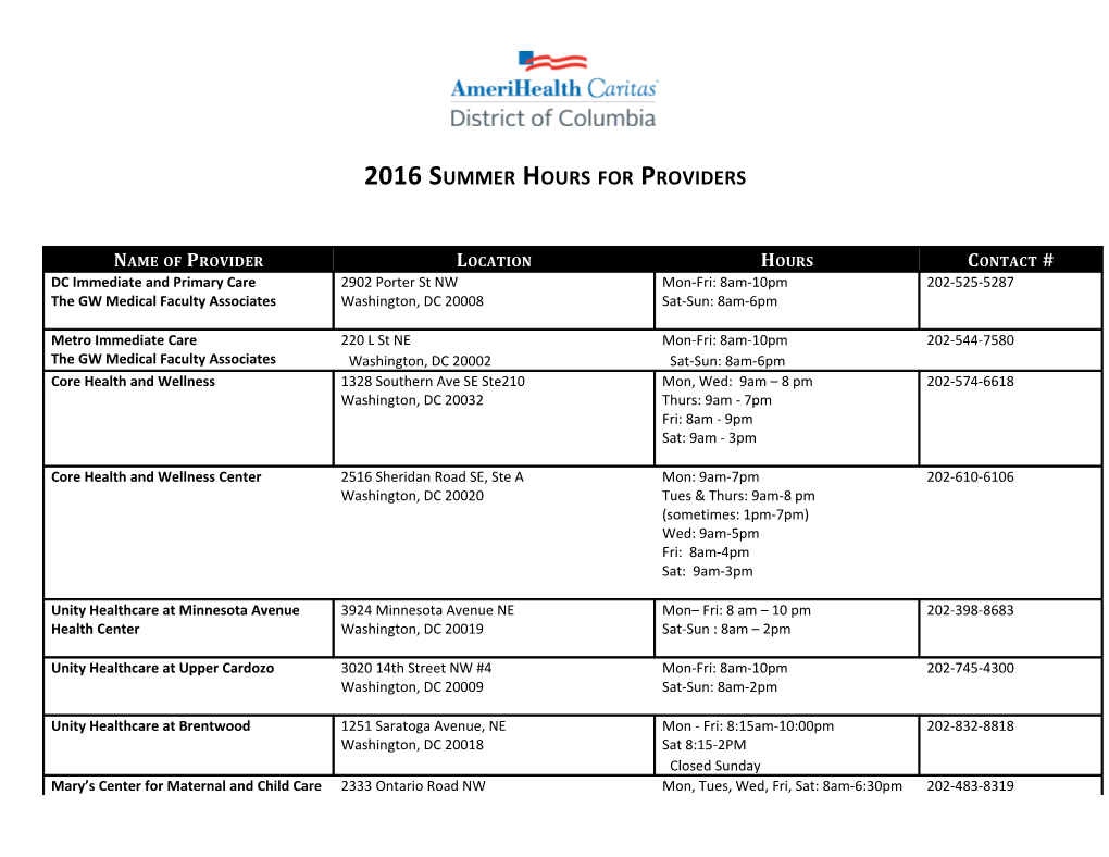 2016 Summer Hours for Providers