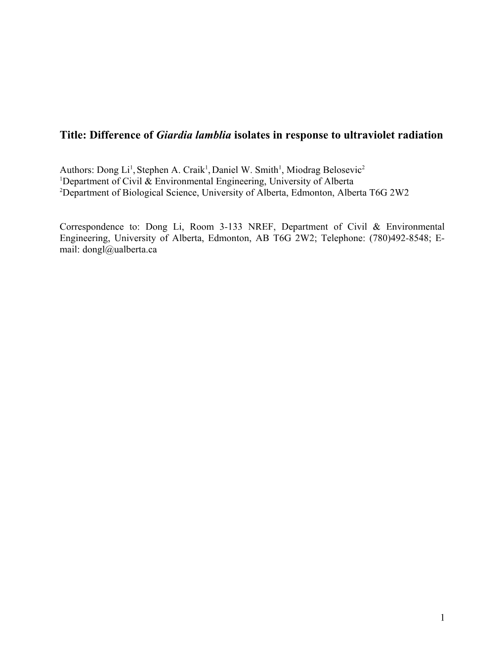 Giardia Lamblia Strain Difference Response to Ultraviolet Exposure