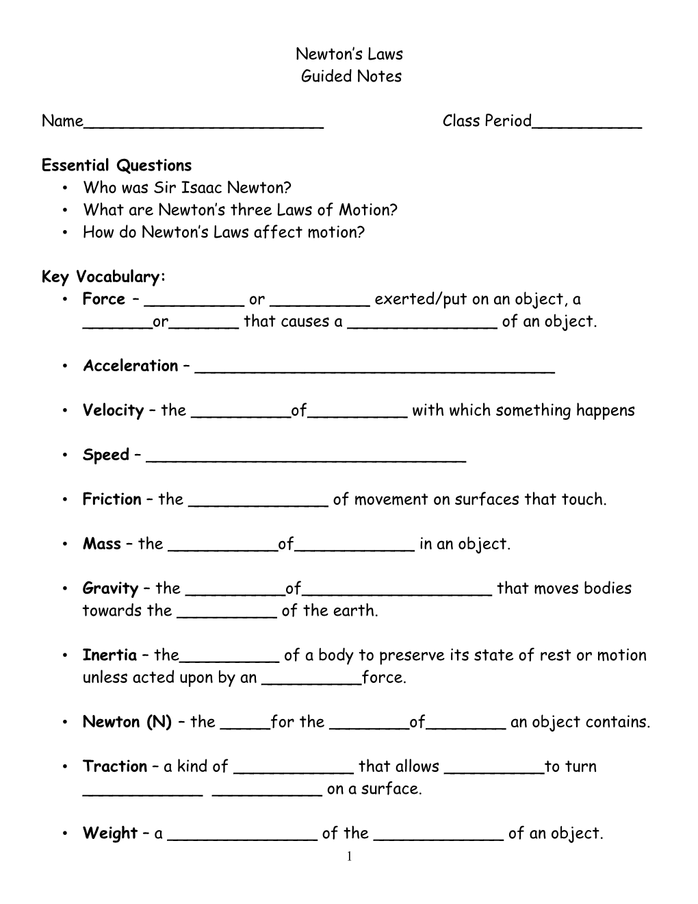 Newton S Laws Guided Notes