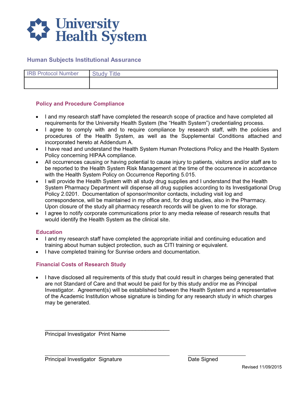 Human Subjects Institutional Assurance