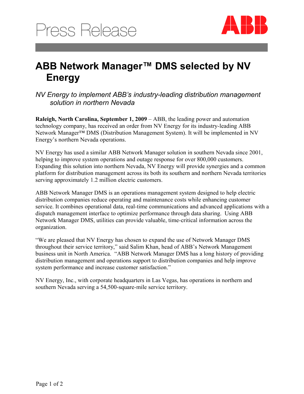 ABB Network Manager DMS Selected by NV Energy