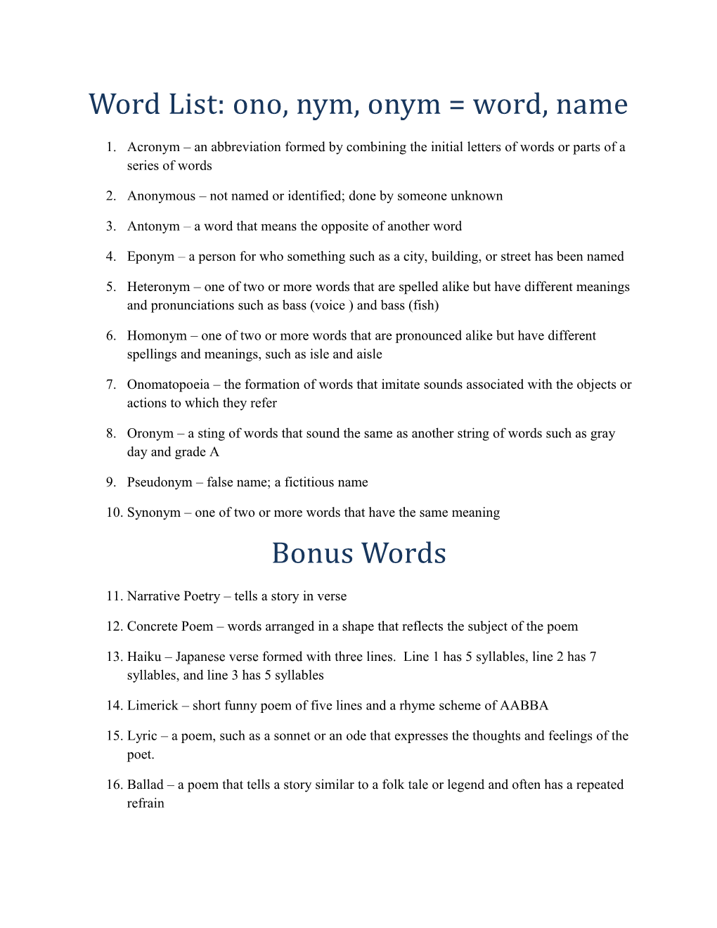 Word List: Ono, Nym, Onym = Word, Name