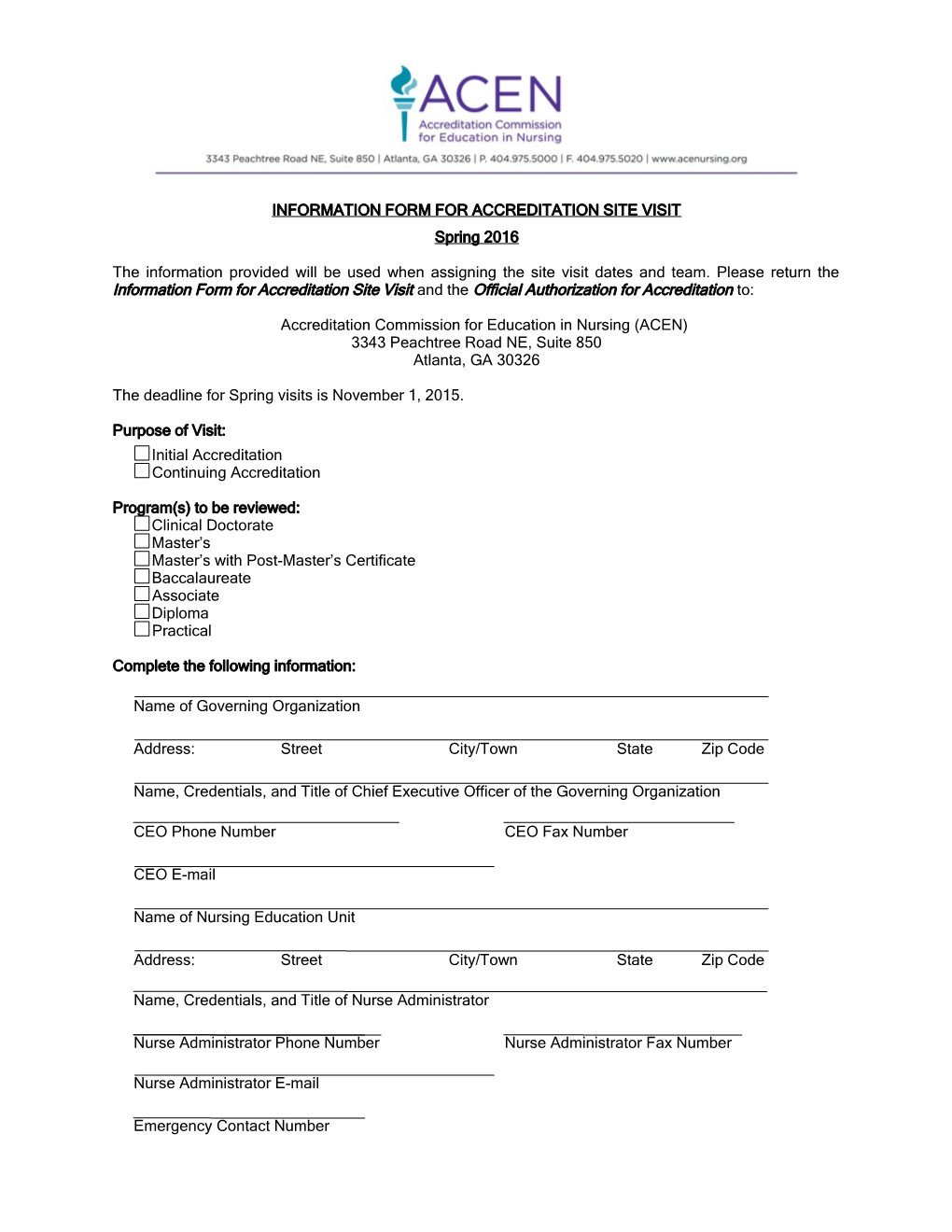 Application Form for Accreditation Visit