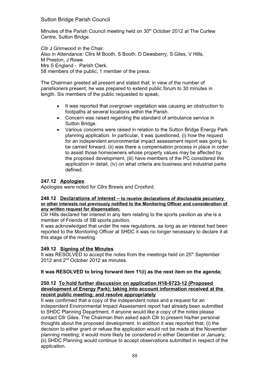 Minutes of the Parish Council Meeting Held on 27Th March 2012 at the Curlew Centre, Sutton s1