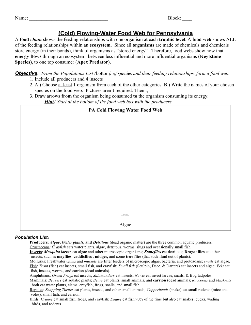 Flowing-Water/Stream Food Web for Pennsylvania