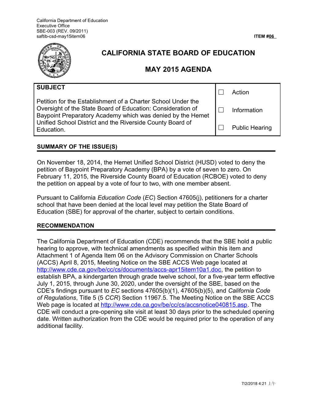 May 2015 Agenda Item 06 - Meeting Agendas (CA State Board of Education)