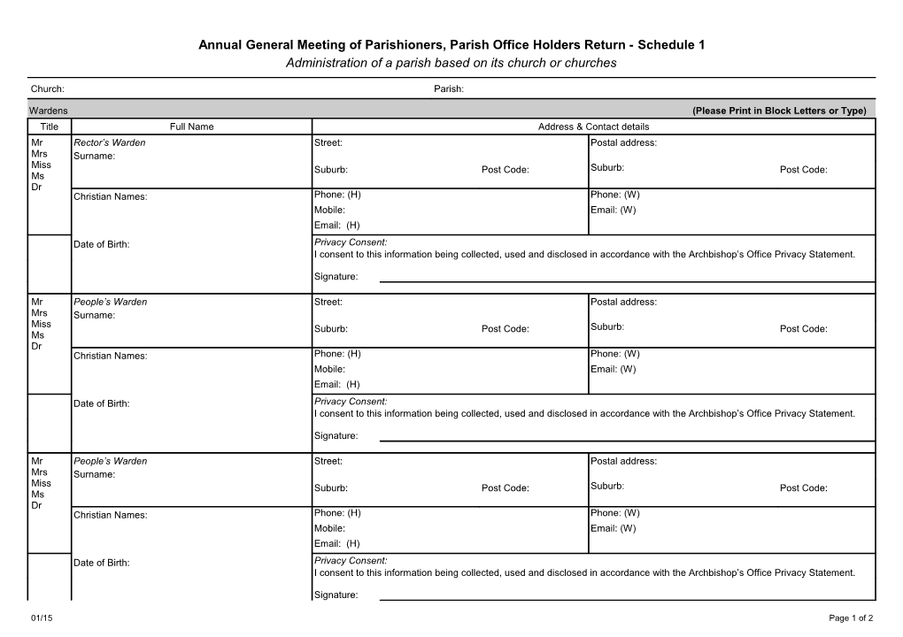 Parish Office Holders Annual Vestry Meeting Return