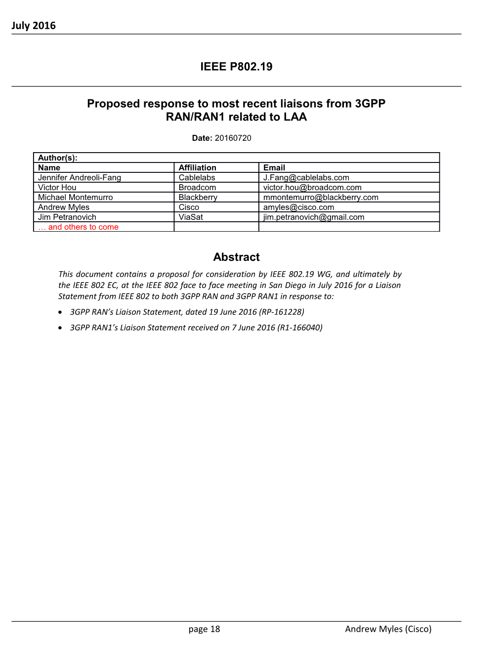 Proposed Response to Most Recent Liaisons from 3GPP RAN/RAN1 Related to LAA