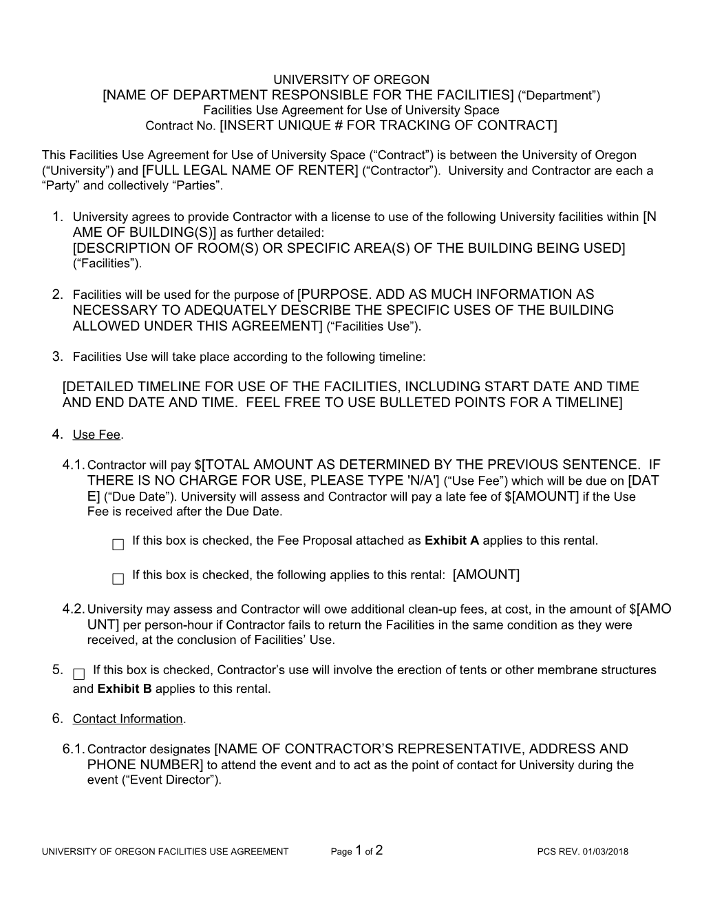 Facilities Use Agreement for Use of University Space