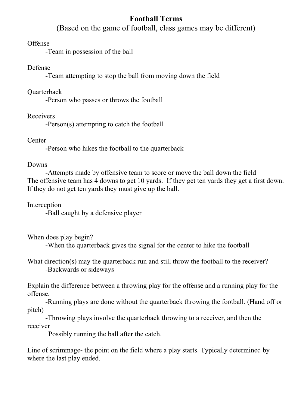 Football Unit Study Guide