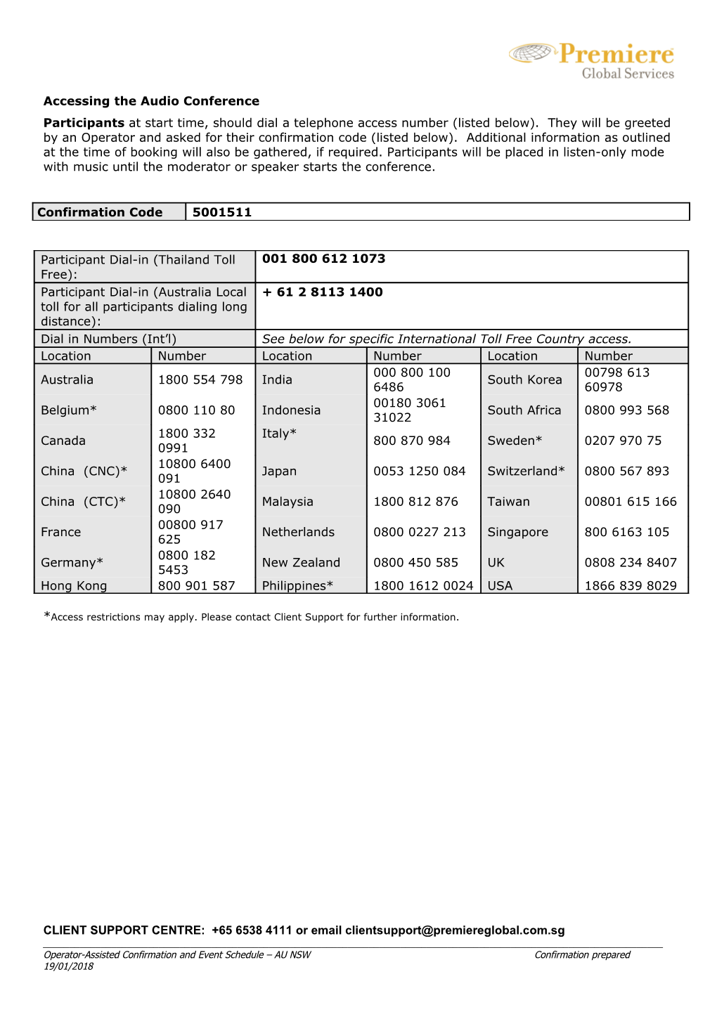 Premierecall AUDITORIUM: Your Booking Information