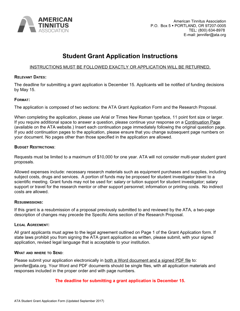 ATA Student Grant Application