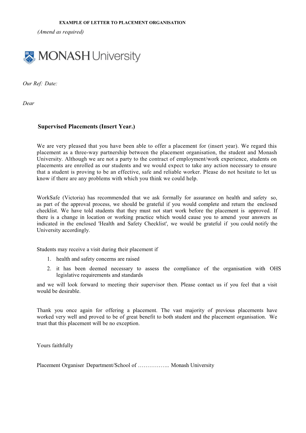 Example of Letter to Placement Organisation