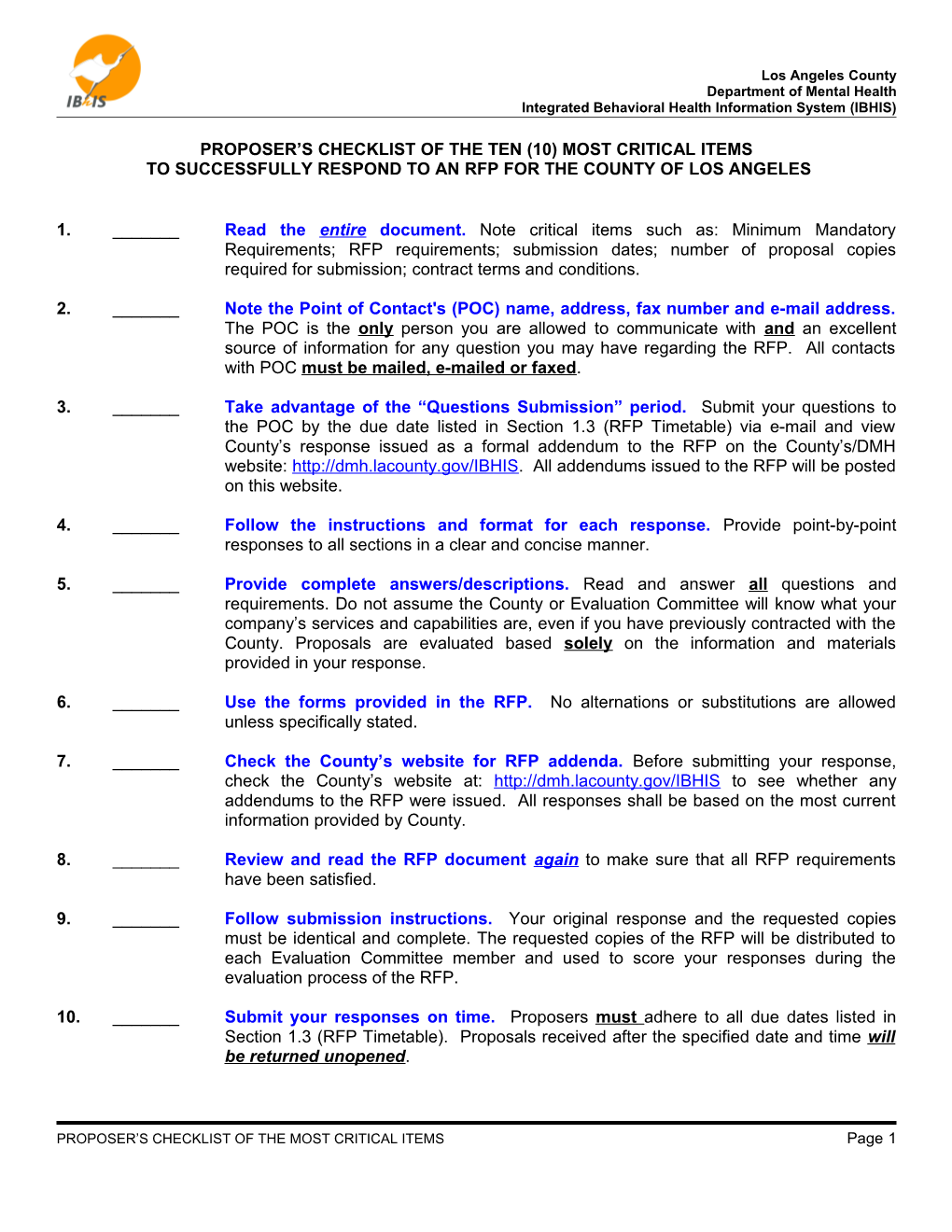 Proposer S Checklist of the Ten (10)Most Critical Items