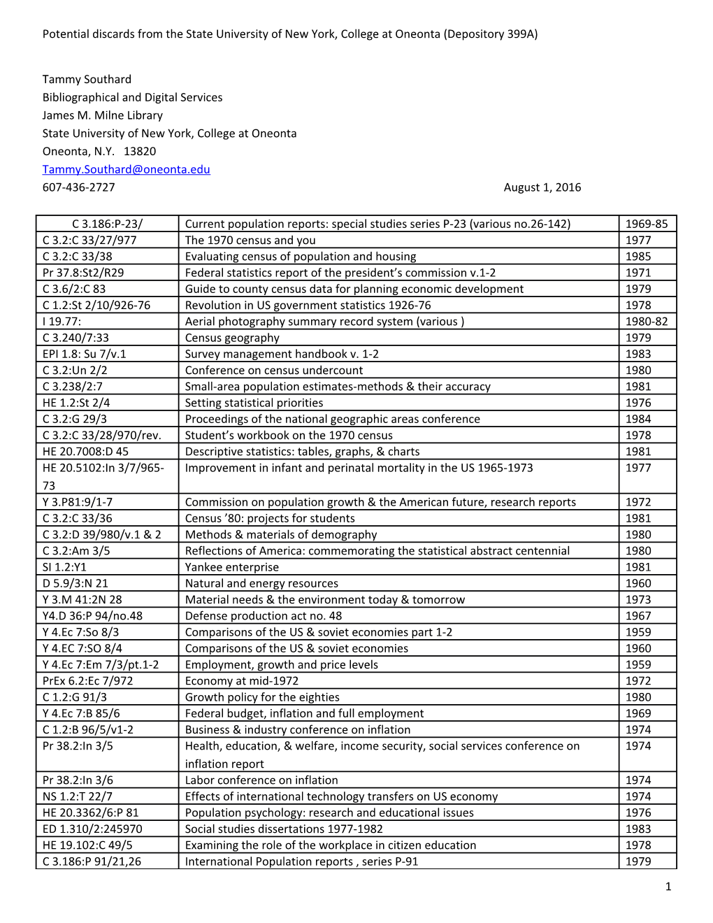 Potential Discards from the State University of New York, College at Oneonta (Depository 399A)